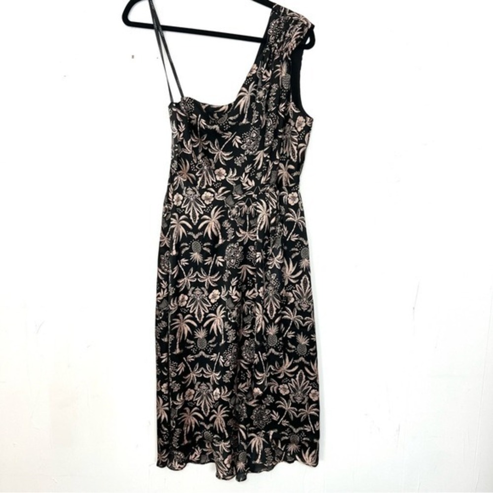 Laundry Shelli Segal‎ Satin One Shoulder Dress Tropical Palm Tree Black 4 Small